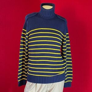 POLO RALPH LAUREN Navy blue and Yellow Striped Turtleneck cotton Sweater. Size L